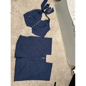 NWT Blue Pinstripe Two Piece Set Halter Crop Top Wide Leg Pants Women 2XL #2082